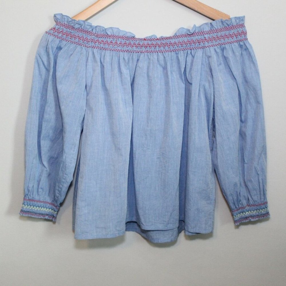 NWT Joie Off-the-Shoulder Floral Embroidered Chambray Top Blue Blouse Size XS - Picture 10 of 12